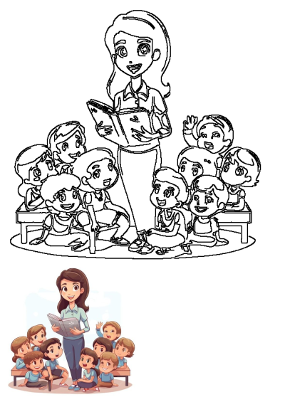 A charming cartoon image shows a woman standing with a book, engaging a group of attentive children seated before her. Alt: A woman reading to children.