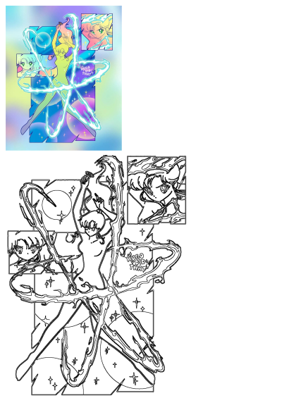 Cartoon characters sword fight on a blue and purple background, inspired by anime and manga style. This image depicts cartoon characters on a colorful background.