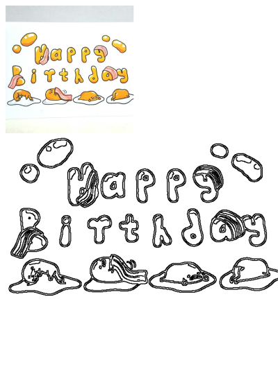 A happy birthday card with bacon, eggs and hams on it. Features cartoonish egg yolks and bacon strips forming the greeting.