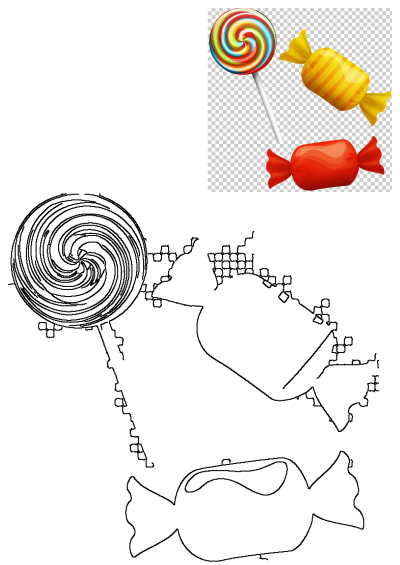 Colorful image featuring a spiral lollipop with many colors, and two wrapped candies; one is yellow and the other is red. Sweet treats.