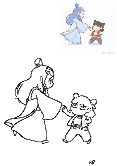 An image of a cartoon character being held by another character. Cute cartoon illustration featuring two animated figures hand in hand.