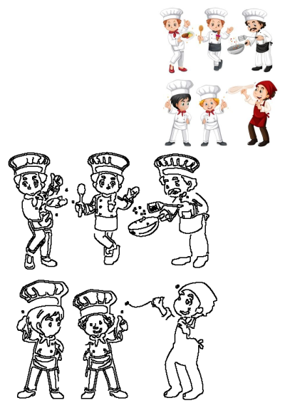 Cartoon illustration of the four chefs in different positions on a white background. Chefs are cooking, serving, and giving a thumbs up. 