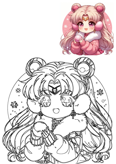 Anime inspiration: Adorable chibi Sailor Moon in winter attire. This anime image features Sailor Moon holding a pink ornament, inspiring anime lovers.