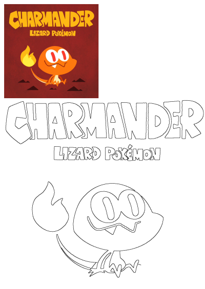 An orange cartoon Charmander Lizard Pokemon with a flame on its tail. Cute drawing of the fire-type pokemon, perfect for fans.