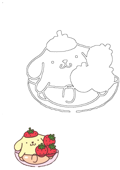 Cute drawing of Pompurin shaped like a cake, decorated with fresh, bright red strawberries. A delightful dessert illustration of strawberries on a cake.