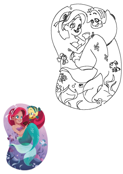 Cute illustration of Ariel hugging Flounder in a whimsical undersea scene. A heartwarming friendship moment between the mermaid and her fish friend.