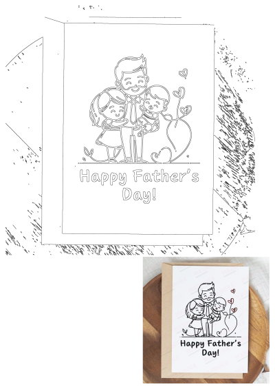 A Father's Day card features a man hugging a girl and holding a baby with drawn hearts and the words 'Happy Father's Day!'