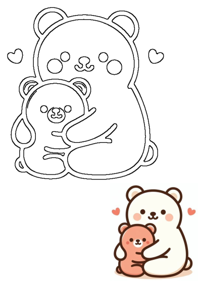 Adorable cartoon illustration of a big, white bear hugging a smaller, peach-colored bear, surrounded by hearts, conveying love and warmth. 