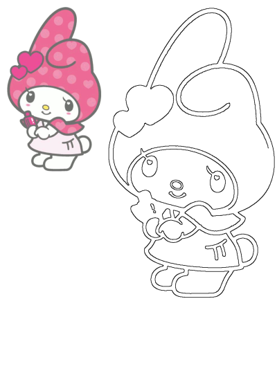 Image of My Melody, not Hello Kitty, holding lipstick with a pink polka-dot hat and hearts. The artwork depicts cute cartoon style.