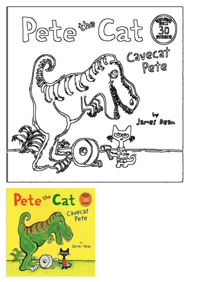 Pete the Cat: Cavecat Pete book cover featuring a green dinosaur with red stripes and Pete the Cat. Includes over 30 stickers.