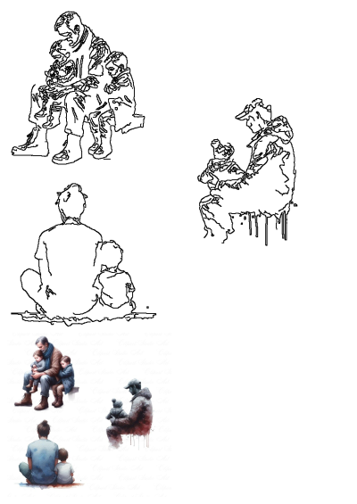 three watercolor paintings of people sitting on the ground and one is holding a child