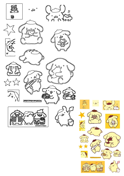 Some stickers that are on the side of a wall: an adorable assortment of Pompompurin stickers showcasing various cute poses and outfits.