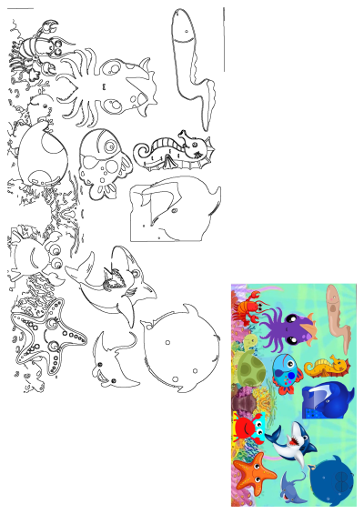 Colorful cartoon underwater scene featuring many different types of fish and sea animals like octopus, turtle, shark, crab and ray.