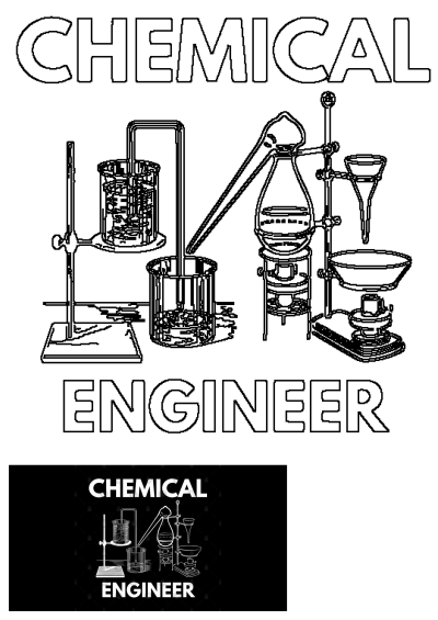 Chemical Engineer written in white on black background. An illustration of laboratory equipment for chemical engineering concepts. 