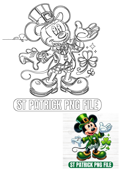 Mickey Mouse celebrating St. Patrick's Day in a green suit and hat, perfect for your St. Patrick's Day SVG projects. Mickey Mouse St Patrick's Day svg file