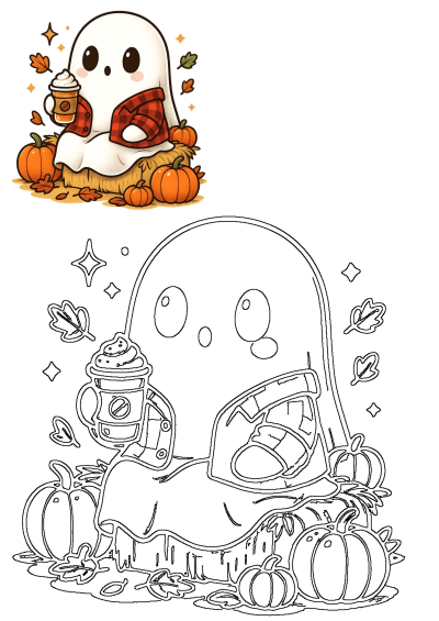 a cartoon ghost holding a cup of coffee on top of a pile of pumpkins