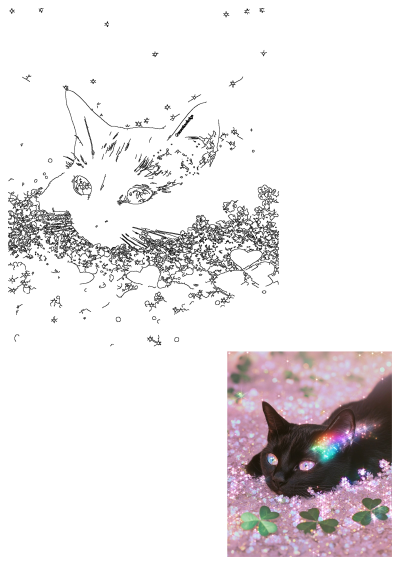 Heather Woods Instagram art: A dreamy black cat with rainbow sparkles, laying amidst lucky shamrocks and glitter. It's THE lucky charm!