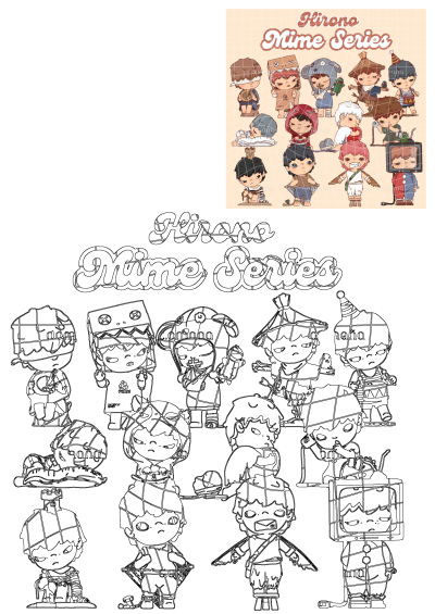 Characters from the Hirono Mime Series are depicted wearing different outfits and holding various items. Cute cartoon design of various mimes.