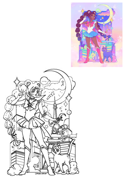 A whimsical cartoon features a girl and cat standing on a cityscape, beneath a night sky filled with stars and a crescent moon. A cute, fun image.