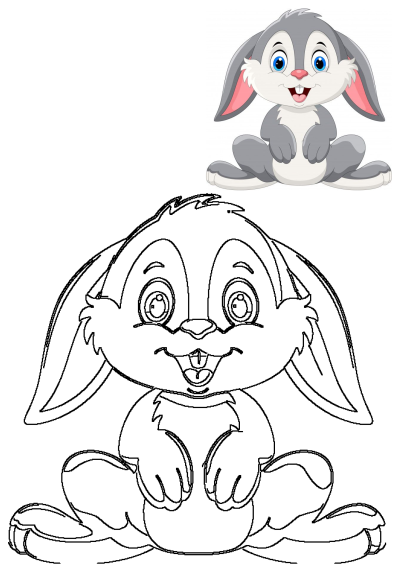 Cute cartoon rabbit sitting on the ground. The adorable bunny has gray fur, pink ears and nose, and is smiling brightly with its buck teeth.