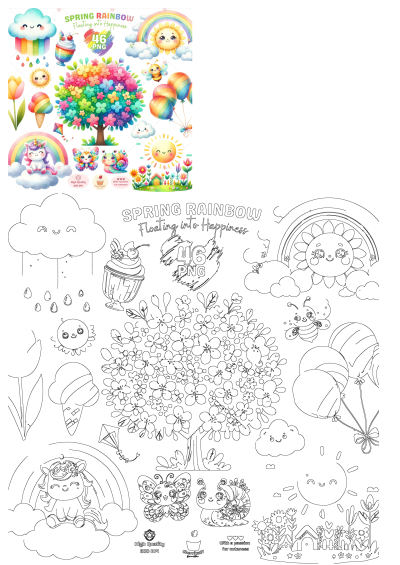 Spring rainbow clipart collection includes flowers, clouds, sun, and other things to be colored. Suitable for coloring pages or creative designs.