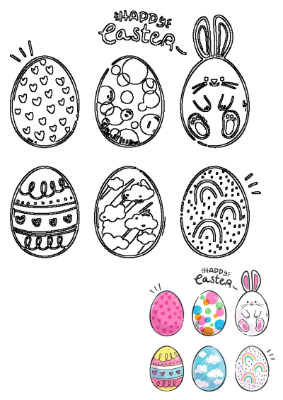 Image of four different colored Easter eggs with unique designs and the words 'Happy Easter,' perfect for spring and Easter celebrations.