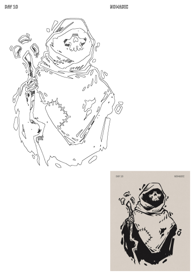 A black and white illustration of a 'Nomadic' figure from 'Day 10', cloaked, with a skull face, holding a staff, artistic and enigmatic.