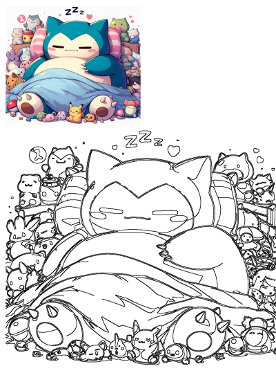 A Snorlax cartoon character laying in bed, sleeping and surrounded by many other Pokemon stuffed animals, enjoying a sweet dream.