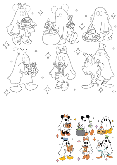A collection of Disney characters like Mickey and Minnie Mouse dressed up as ghosts for Halloween with pumpkins and candy bags.