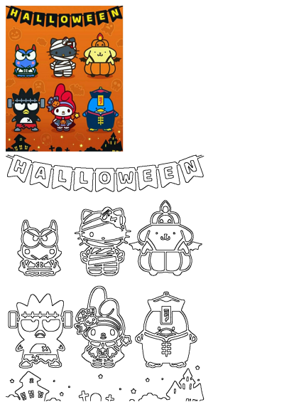 Cartoon characters dressed up for Halloween on an orange background. Hello Kitty, Badtz-Maru, and friends in Halloween costumes.