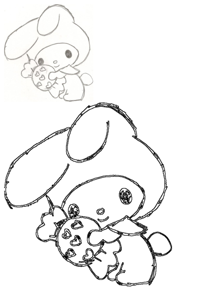 Pencil sketch of a cute bunny holding a round cookie decorated with hearts. Adorable drawing for lovers of bunnies and sweet treats.