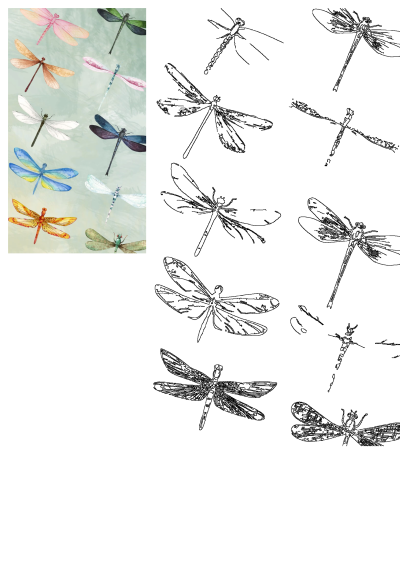 Colorful watercolor dragonfly pattern on a soft pastel background, showcasing different colors and styles of painted dragonflies. 