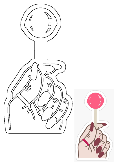 Illustration of a hand holding a pink lollipop. This is a sticker style image featuring a hand with maroon nails and a candy lollipop.
