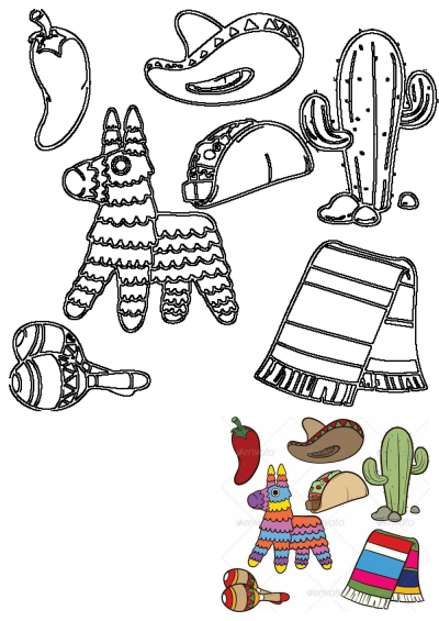Mexican themed cartoon clipart featuring sombreros, a pinata, taco, cactus, maracas, serape, and chili. Artsy items for fiesta celebrations. 