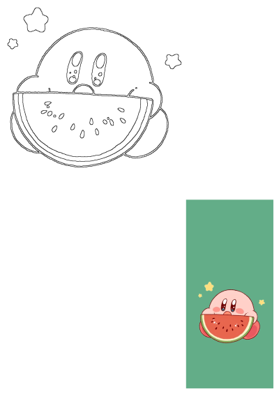 Kirby, a pink video game character, with a watermelon slice that has eyes drawn on it's face, sitting in front of a green background, with stars.