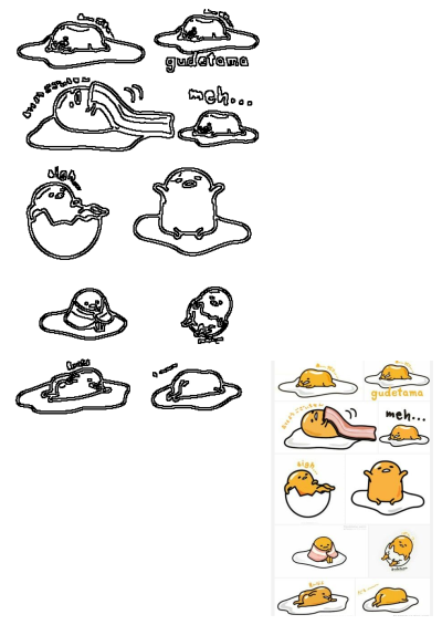 Cartoon image of Gudetama, the lazy egg, in different poses with eggs and hams, as described in alt text. Cute food illustration.