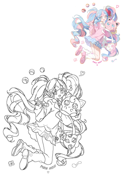 Fan art of Poke Miku, a fusion of Hatsune Miku and Pokemon! Anime girl with pastel hair holds a Jigglypuff plushie in a cute style.