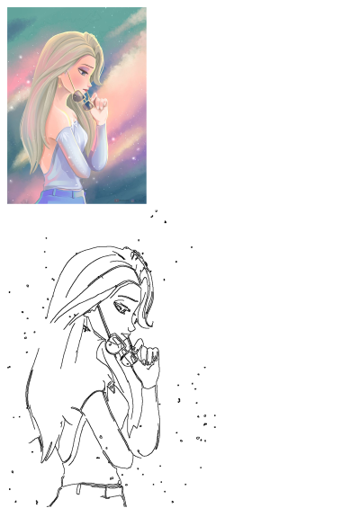 Drawing of a girl with long blond hair in side profile, holding sunglasses. She has a serious expression against a colorful sky backdrop.