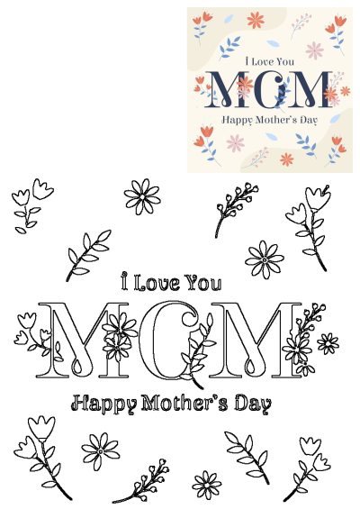A Mother's Day card with flowers and the words 'I Love You MOM'. Floral design with red, blue, and pink flowers and leaves.