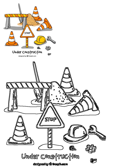 Cartoon style construction signs and cones, featuring "Under Construction" text. Includes safety cones, a stop sign, tools, and a hard hat.