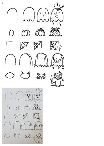 Step-by-step tutorial shows how to draw Halloween doodles, featuring ghost, pumpkin, bat wing, spider web, tombstone, and cat sketches.