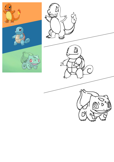 Four different types of Pokemon characters, including Charmander, Squirtle, and Bulbasaur, displayed in a fanart style.
