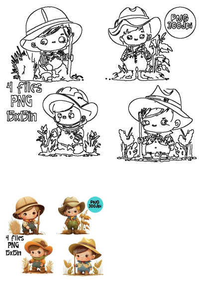 Four cute little boys in hats and scarecrows with pumpkins on the farm, wearing farm-themed clothes. PNG image files with resolution 300dpi.