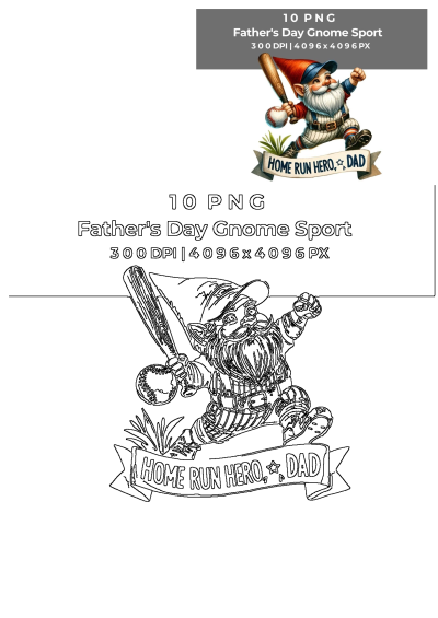 A father's day gnome is holding a baseball bat, ready to hit a home run. "Home Run Hero, Dad" is written on a banner below. 