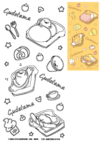 A drawing of some food on a yellow background that features Gudetama, the lazy egg, in several food settings such as toast and ice cream.