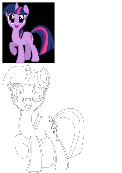 Cute vector art of Twilight Sparkle, the purple My Little Pony with big eyes. Features a unicorn horn, and dark blue mane with pink and purple streaks.