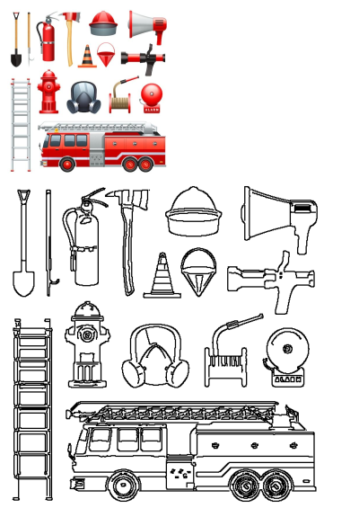 Various types of fire and rescue equipment including a fire truck, extinguisher, and helmet on a white background, illustration.