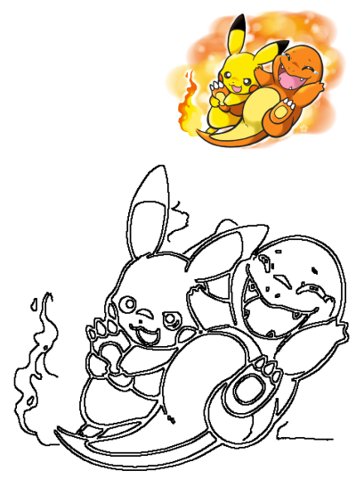 Pikachu and Charmander hugging each other, with a bright, fire-like background. These two pokemons are best friends. 