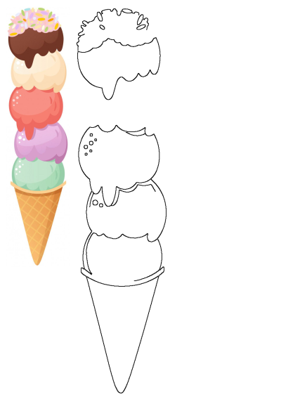 An ice cream cone with five scoops of colorful ice cream and sprinkles on top. Features chocolate, vanilla, peach, lavender, and mint flavors.