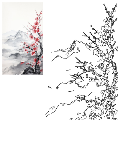 A painting of a cherry blossom tree with red flowers in the foreground and mountains in the background, in traditional ink wash painting style.